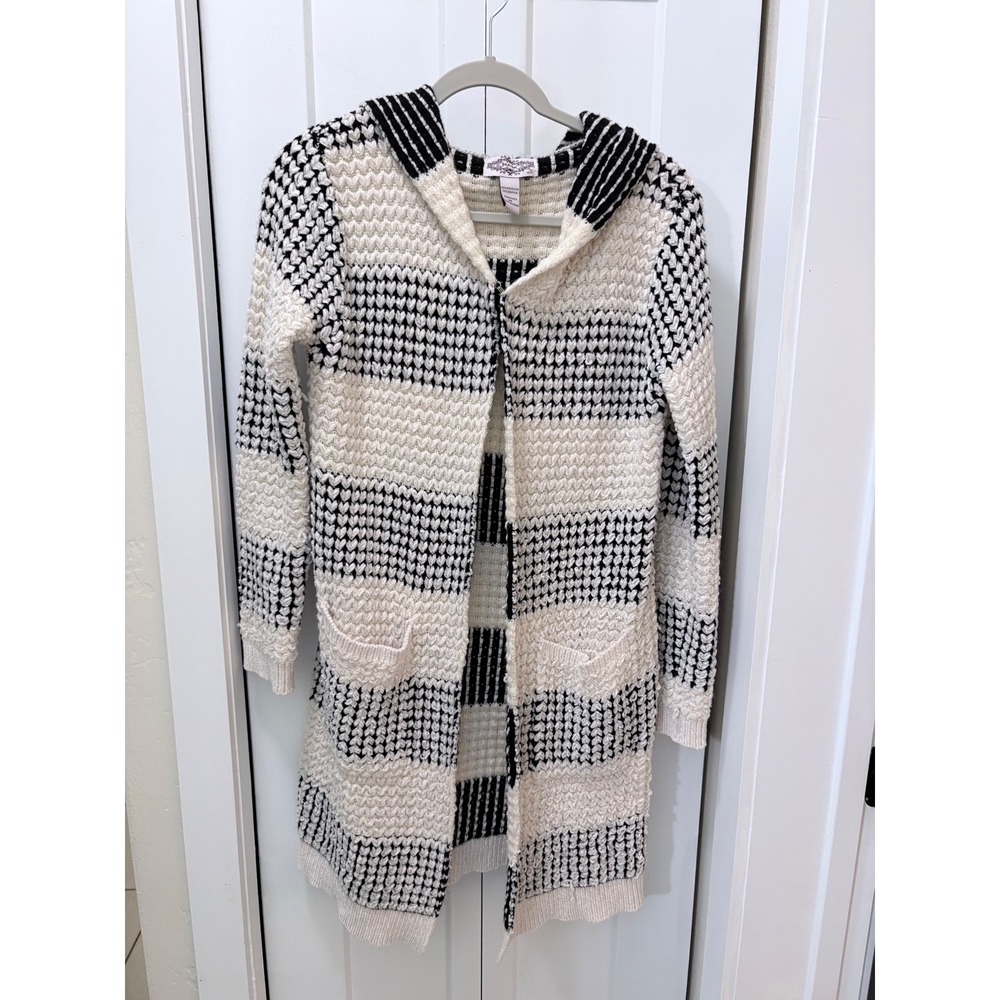Oliver by Escio Women Black White Striped Hooded Popcorn Knit Duster Cardigan M